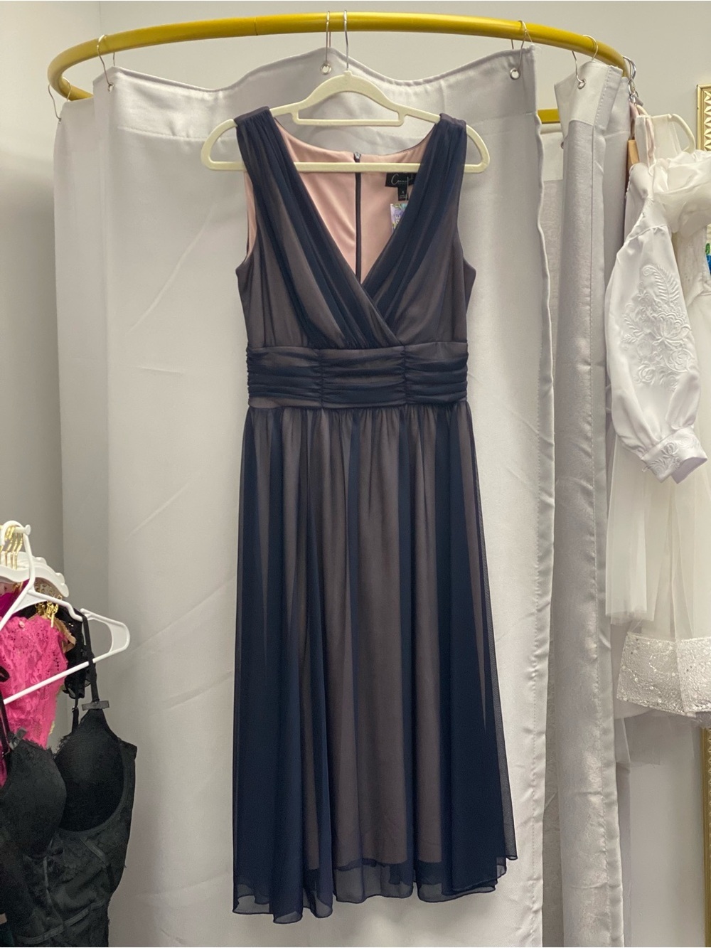 connected apparel Navy and Blush V-Neck Midi Chiffon Dress